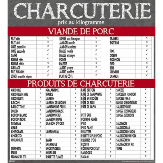 Tableau prix charcuterie "Maestro" 70 x 80 cm - à l'unité
