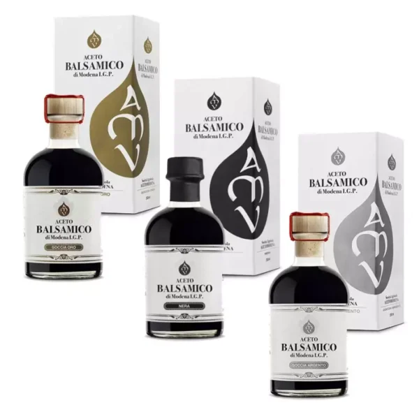 Trio Balsamic Vinegar of Modena Acetomodena: Goccia Oro, Argento and Nera 250 ml x 3