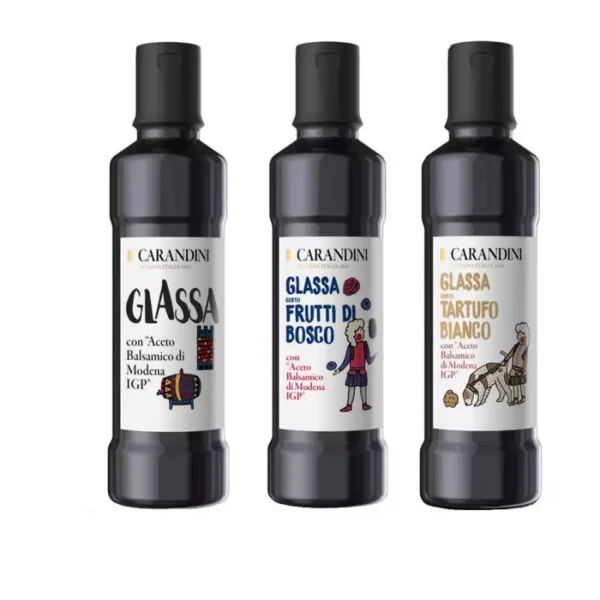 Tris Balsamic Glazes with Vinegar of Modena PGI Carandini: Classic, Wild Fruits, White Truffle 250 ml x 3