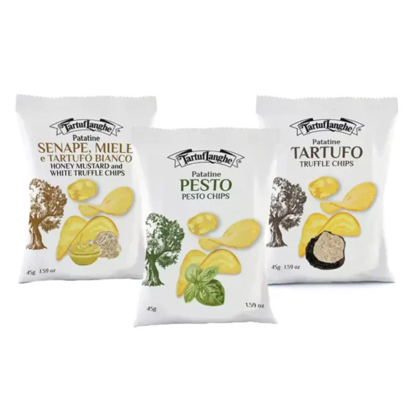 Tris Gourmet Chips Tartuflanghe: Truffle, Pesto and Mustard, Honey and White Truffle 45 gr x 3
