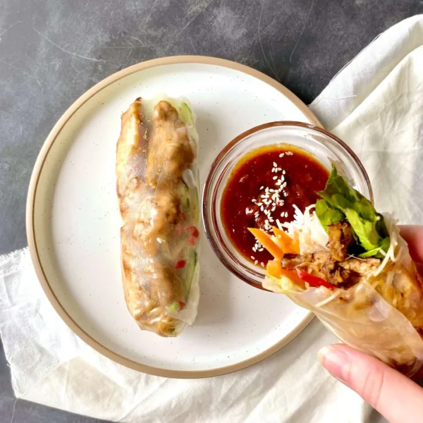 Lemongrass Chicken Rice Paper Rolls with Spicy Peanut Hoisin Dipping Sauce