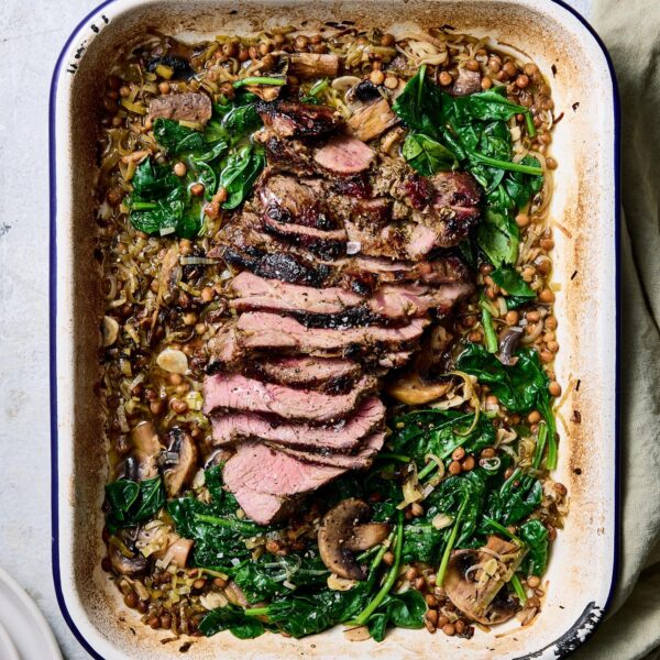 One Tray Lamb Roast with Lentils and Spinach