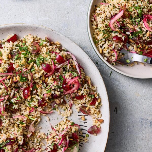 Brown Rice Salad with Red Grapes and Red Onions