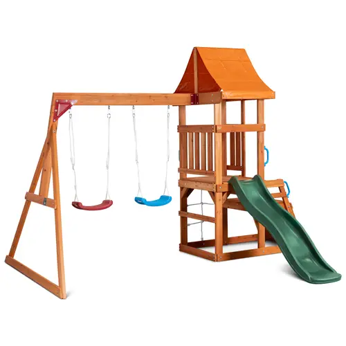 Aire de jeu extérieur - plateforme - 2 balançoires - mur d'escalade - toboggan - filet d'escalade