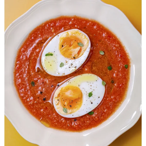 Cold Tomato and Bread Soup with Boiled Egg