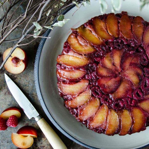 Gluten Free Plum & Raspberry Upside Down Cake