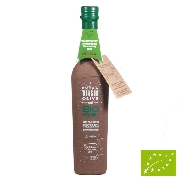 Bouteille en verre d'huile d'olive extra vierge biodynamique Demeter Picual 500ml - Castillo de Canena