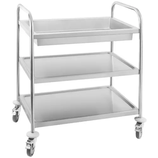 Chariot inox - 2 plateaux et 1 bac - 500 kg max. - Tubes ronds