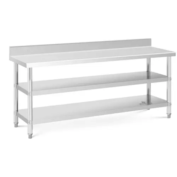 Table de travail inox avec dosseret - 200 x 60 x 16.5 cm - 235 kg - 2 tablettes - Royal Catering