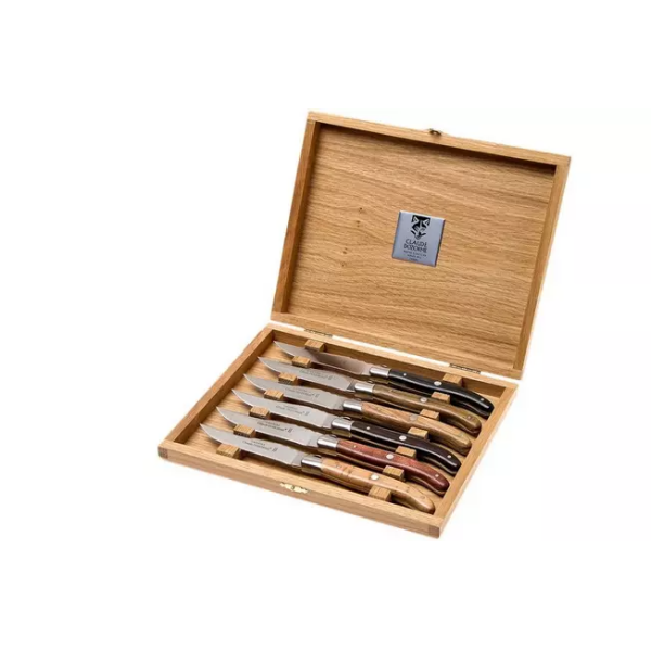 Claude Dozorme Laguiole Coffret 6 couteaux à steak, différentes essences de bois