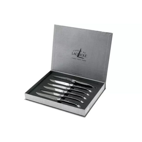 Forge de Laguiole coffret de 6 couteaux steak corne noire, T62MINBN