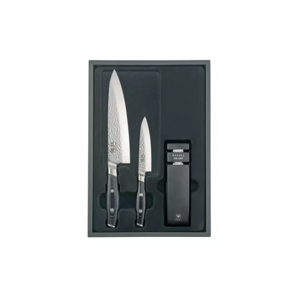 Yaxell Tsuchimon 36753, coffret cadeau 3 pièces couteau de chef, couteau utilitaire et aiguiseur de couteaux