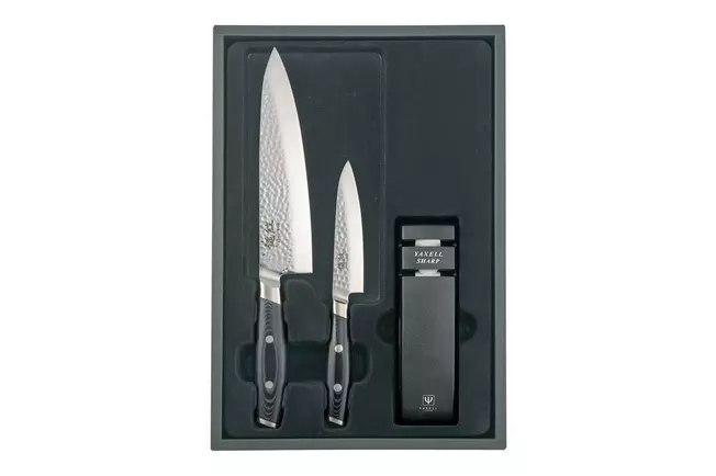 Yaxell Tsuchimon 36753, coffret cadeau 3 pièces couteau de chef, couteau utilitaire et aiguiseur de couteaux