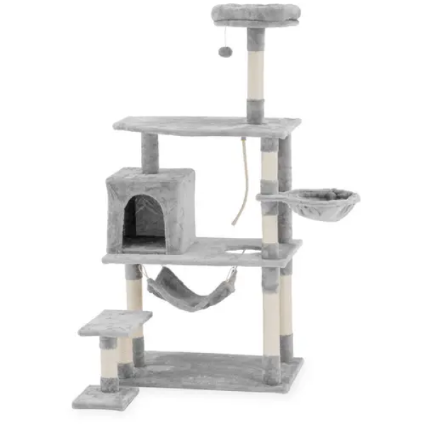 Arbre à chat - Gris clair - 2 hamacs et balle - 74.5 x 73 x 158 cm