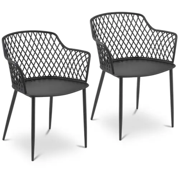 Chaise - Lot de 2 - Royal Catering - 150 kg max. - Dossier avec trous en losange - Accoudoirs - NoirLa chaise parfaite pour les restaurants, les cafés, les bureaux, les terrasses et les salles d'attente Vous voulez meubler un restaurant, un bistro, un bureau ou une salle d'attente ? Ne cherchez plus : la chaise avec dossier aéré et accoudoirs de Royal Catering, la référence en matériel de restauration professionnel, offre un confort élevé où qu'elle soit. Vous pouvez également profiter du confort qu'elle offre dans votre cuisine et sur votre balcon.