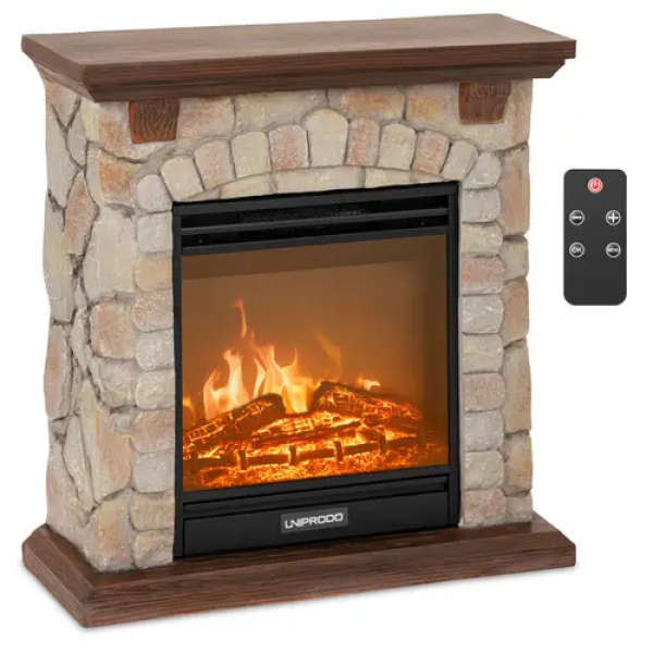 Cheminée électrique - avec fonction chauffage - 1,8 kW - 2 niveaux de puissance - Design pierres rustiques