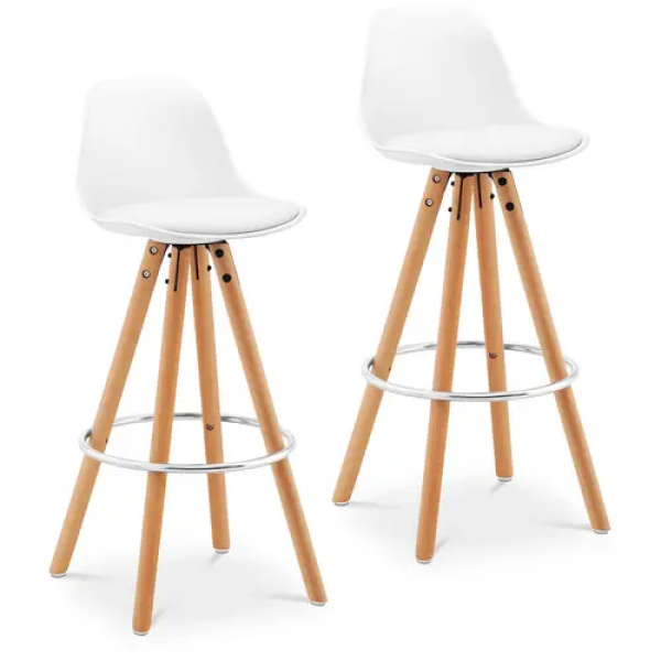 Tabouret de bar - Lot de 2 - Avec dossier - Pieds en bois - Coloris blanc