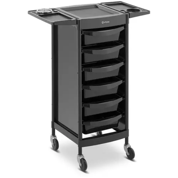 Charriot pour salon de coiffure - 10 kg - 6 tiroirs avec 3 parois de séparation - Support pour sèche-cheveu - Plateau de 420 x 390 mm