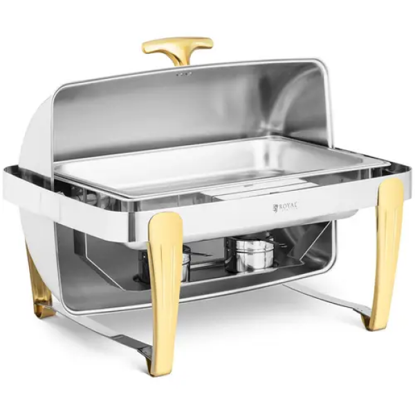 chafing dish - GN 1/1 - accents dorés - couvercle Roll-top - 9 L - 2 brûleurs - Royal Catering