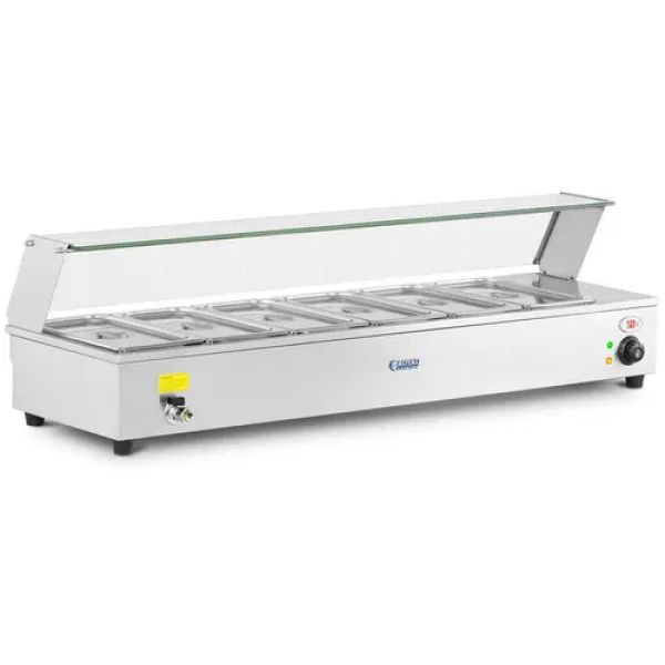 Bain-marie avec robinet de vidange - 6 bacs GN 1/3 - Vitrine de protection